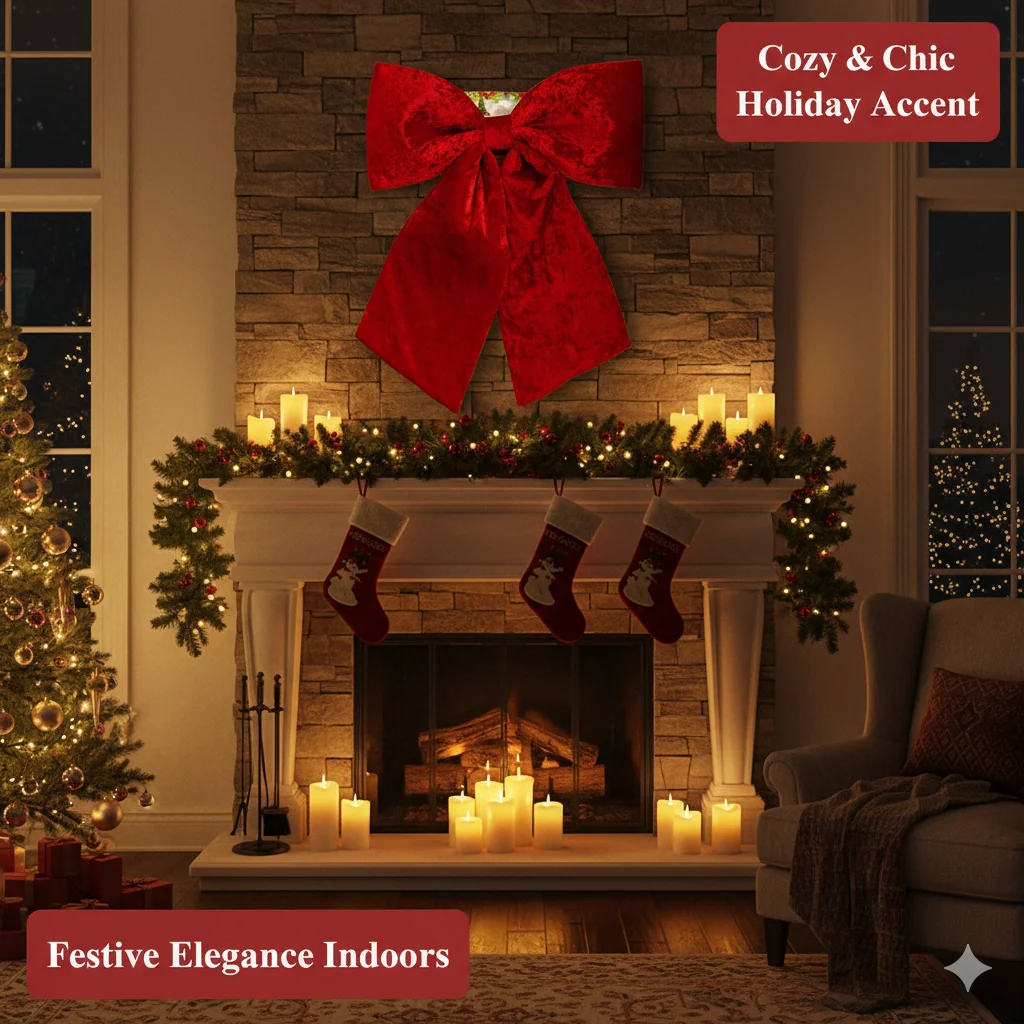 

60cm Red Velvet Christmas Tree Topper Bow Large Decorative Hanging Ornament For Holiday Party Home Fireplace Indoor Door Decor