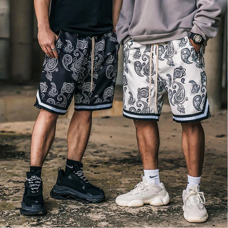 Men New Cashew Flower Shorts Trendy Hip-hop Loose Casual Outdoor Basketball Sport Summer Lace-up Elastic Waist Short Pant