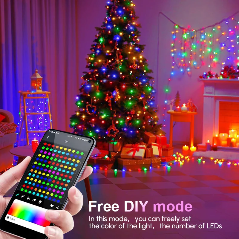 Luz LED RGBIC de Navidad para exteriores, árbol de Navidad, luz de hadas, aplicación remota inteligente, Control, cadena de iluminación USB, guirnalda multicolor IP67