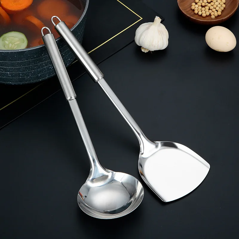 Modern Kitchen Stainless Steel Cooking Tool Set Frying Spatula Soup Spoon Long Handle BBQ Meat Fork Serving Colander Home Gadget