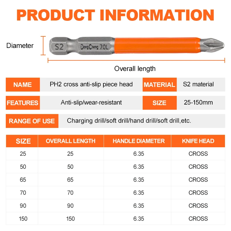 PH2 Anti-Slip Screwdriver Bit S2 Steel Magnetic Tip Impact Rated 1/4 Hex Shank 25-150mm for Power Drill Driver