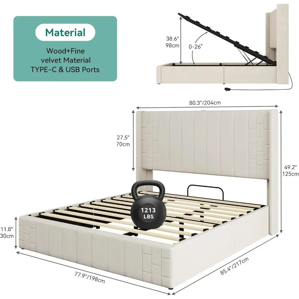 King Size Bed Frame with Type-C & USB Charging Port, 49.21 "Tall Headboard, Hydraulic Storage, Lift Up Storage Bed Frame image 2