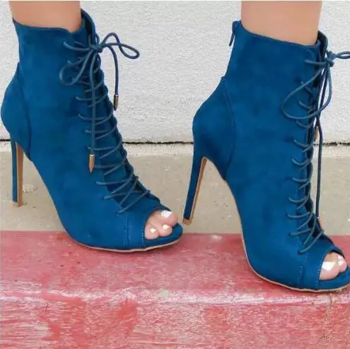 

Summer Women Blue Black Cross Tied Lace Up Front Peep Toe Thin Heels Ankle Boots Tassel High Heel Short Booties Shoes Size 43