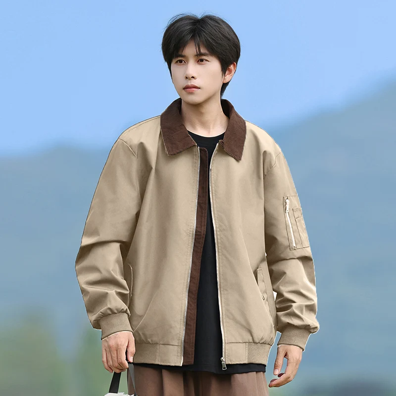 

TFETTERS Бренд ЕС РАЗМЕР 2025 Новая весенне-осенняя мужская куртка с вельветовым воротником, однотонное модное уличное пальто цвета хаки, мужское пальто