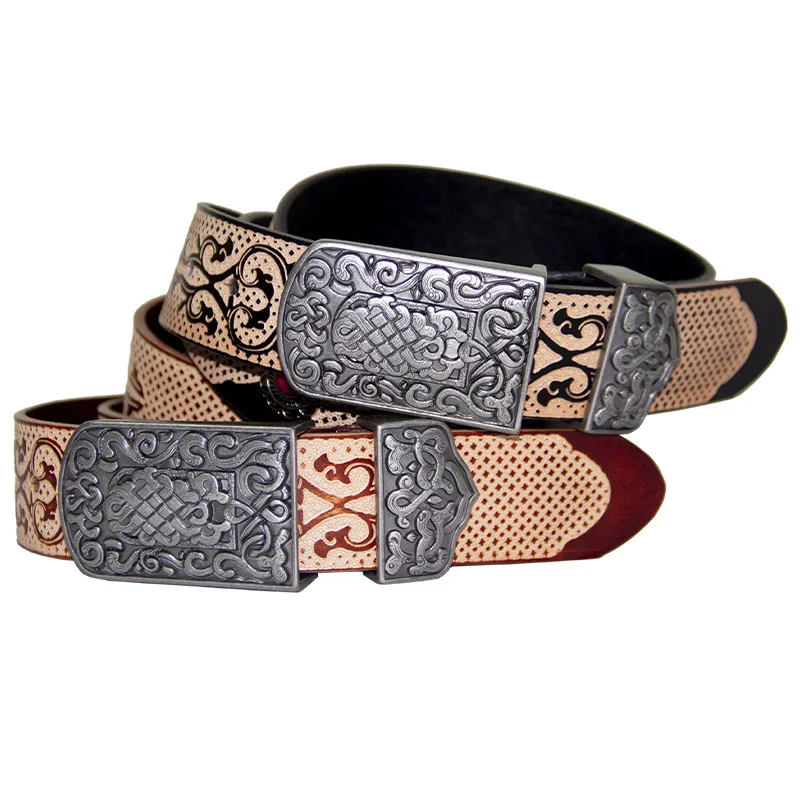 本革パンクスタイルトップレイヤー牛革ベルト、パーソナライズされたエンボス装飾付き