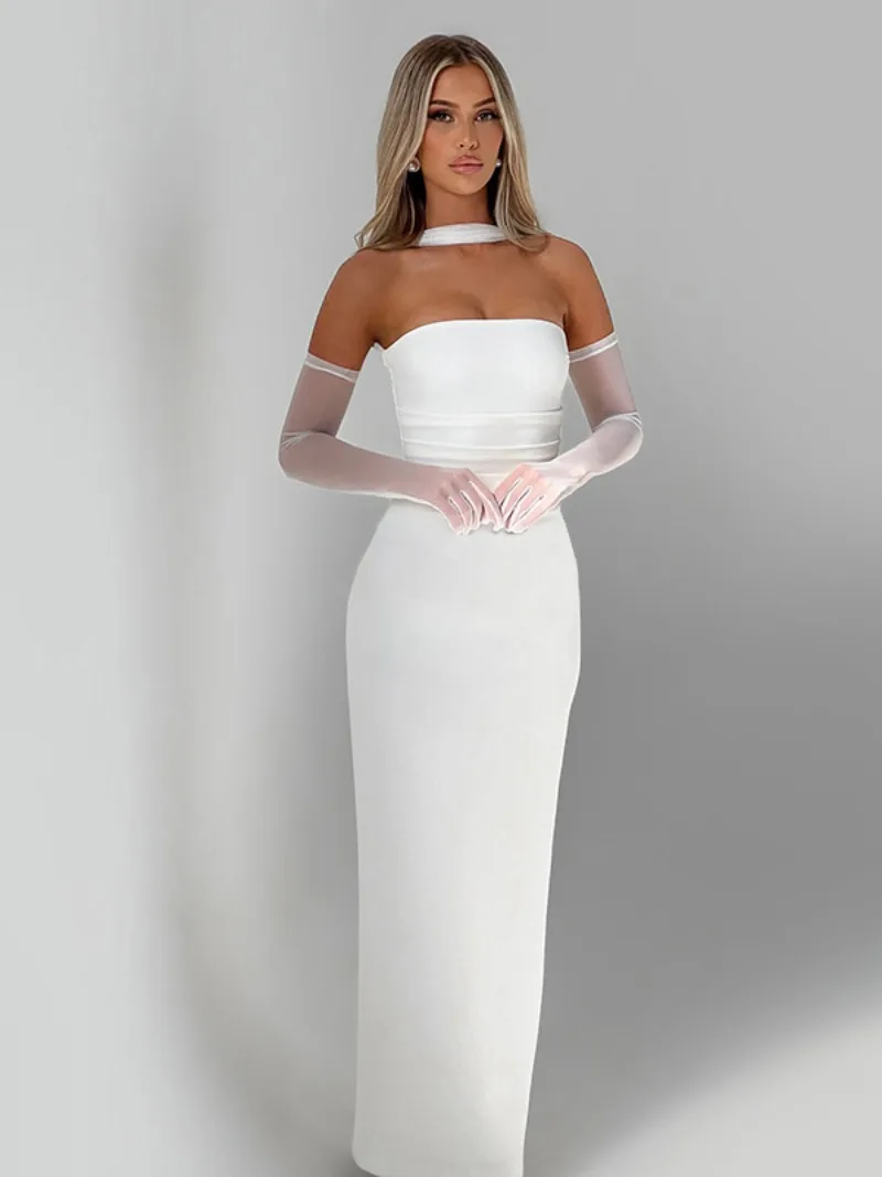 Elegant Mesh Gloves Evening Party Dresses for Women Bandage Strapless Bodycon Long Dress Backless Tunics Wedding Gowns White