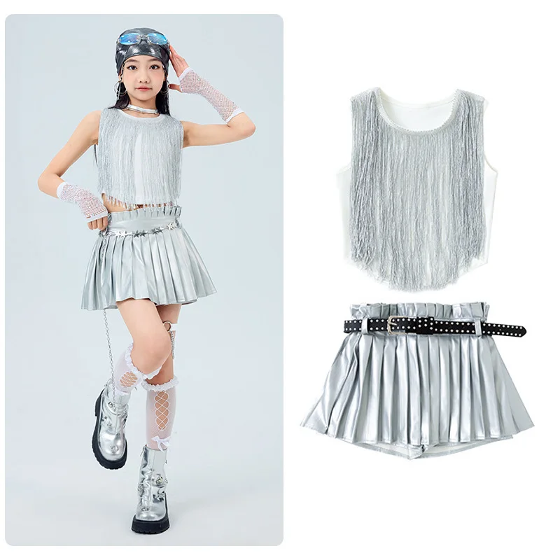Mädchen K-pop Sets Weiß Quasten Crop Top Street Dance Kinder Hip Hop Jazz Silber Röcke Kleidung Kinder Streetwear kostüm