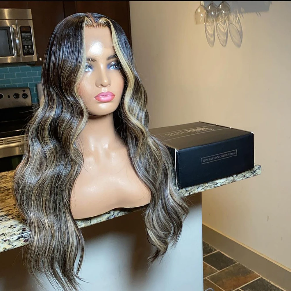 

Dark Brown Blonde Highlights Lace Front Wig Long Body Wave Synthetic Futura Daily Wear Brunette Wig for Women Wear and Go