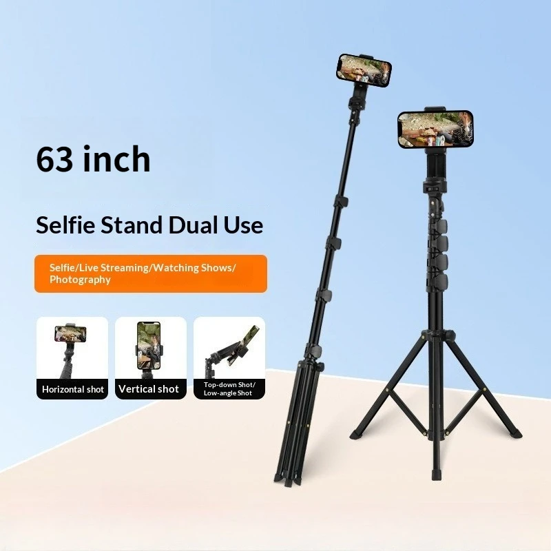 63 Inch Phone Selfie Stick Stand Tripod Stand for Recording Travel Videos and Vlogs Live Streaming Integrated Aluminum Alloy