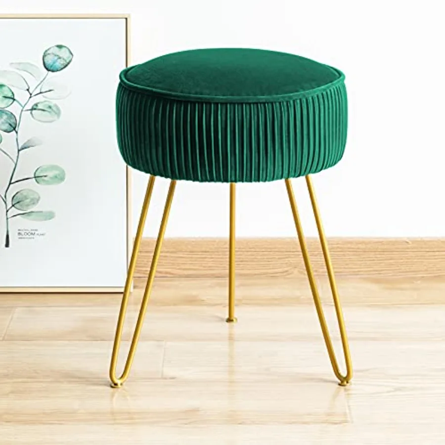 

Pleated Vanity Stool Velvet Upholstered for Makeup Room Round Mondern Stool for Vanity Ottoman Footrest with Metal Legs for Liv