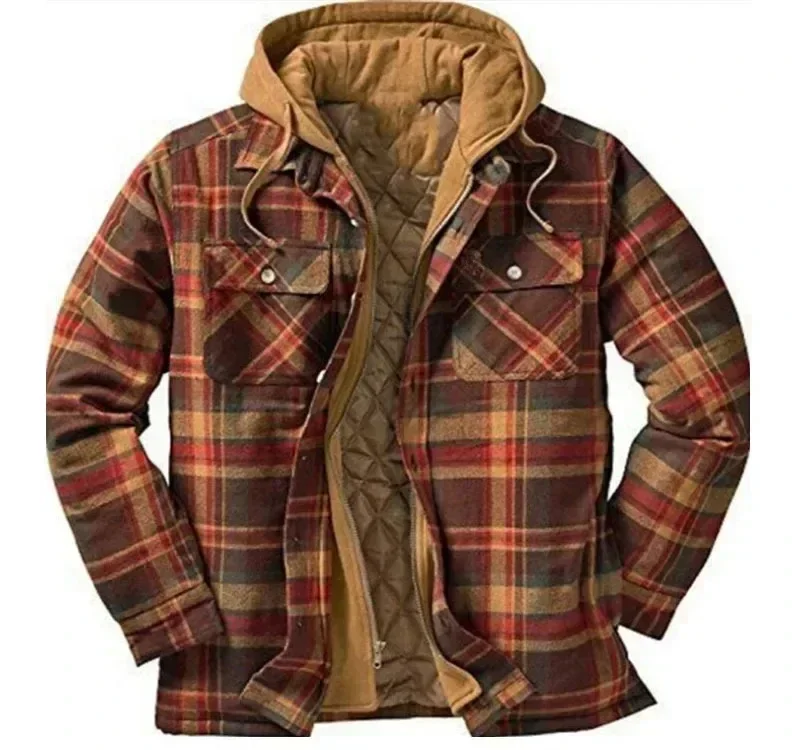 

Mens Long Sleeve Winter Hooded Coats Fleece Lined Flannel Plaid Shirts Jacket Button Down Sherpa Jackets with Hood