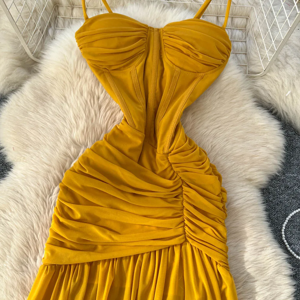 シックなヴィンテージセクシーなプリーツスリーブレスエレガントフェアリーボヘミアンサマードレス女性服ロングドレス