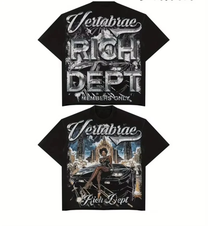 

Новая графическая футболка 2025 года, черная повседневная футболка с принтами-слоганами VERTEBRAL RICH DEPT MEMBERS ONLY NYC, всесезонная модная одежда