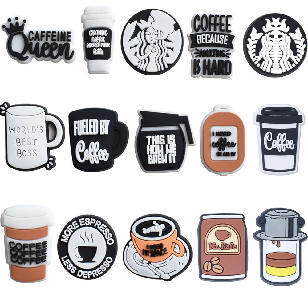15Pcs Shoe Charms for Crocs Accessories Coffee Drink Badge Women Clog Sandals Buckle Kids Pins Men Decoration Jeans X-mas Gift