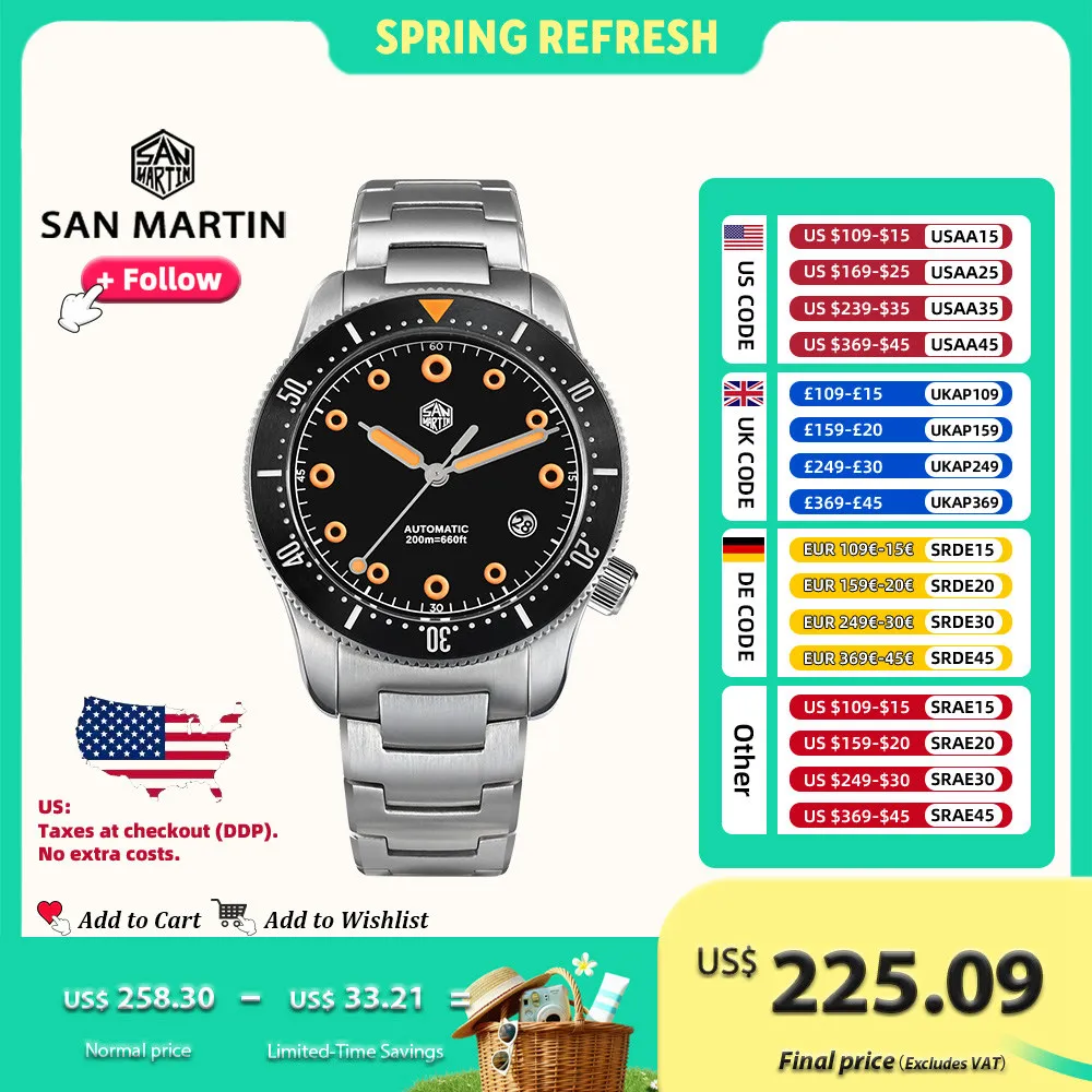 

San Martin 39.5mm Men Diver Watch YN55 Automatic Mechanical Original Design Watches Sapphire Waterproof 200M Luminous SN0142