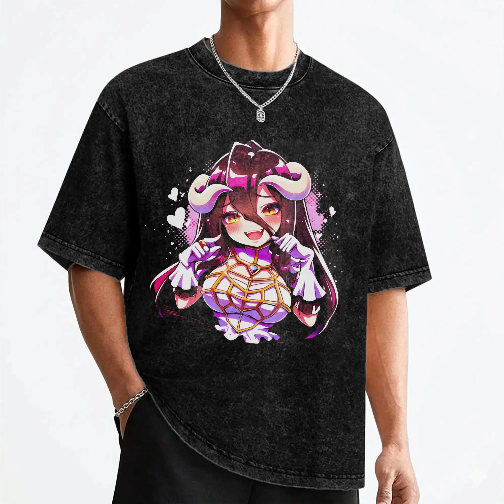 Albedo Japanese Anime T Shirts Washed Short Sleeve High Street T-Shirt  Cool for Men Women Streetwear Printed Tees