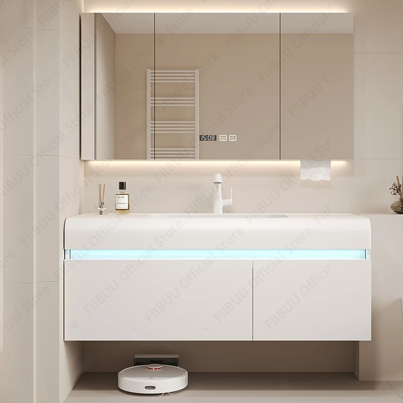 

Wall Mounted Bathroom Vanity Integrated Sink Basin Set with Smart Mirror Cabinet Combo Large Capacity Storage for ModernBathroom