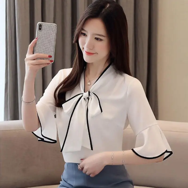 

Women's Summer Chiffon Blouse Short Sleeve Shirt with Bow Tie Ruffles Loose Fit Slimming Casual Top for Women