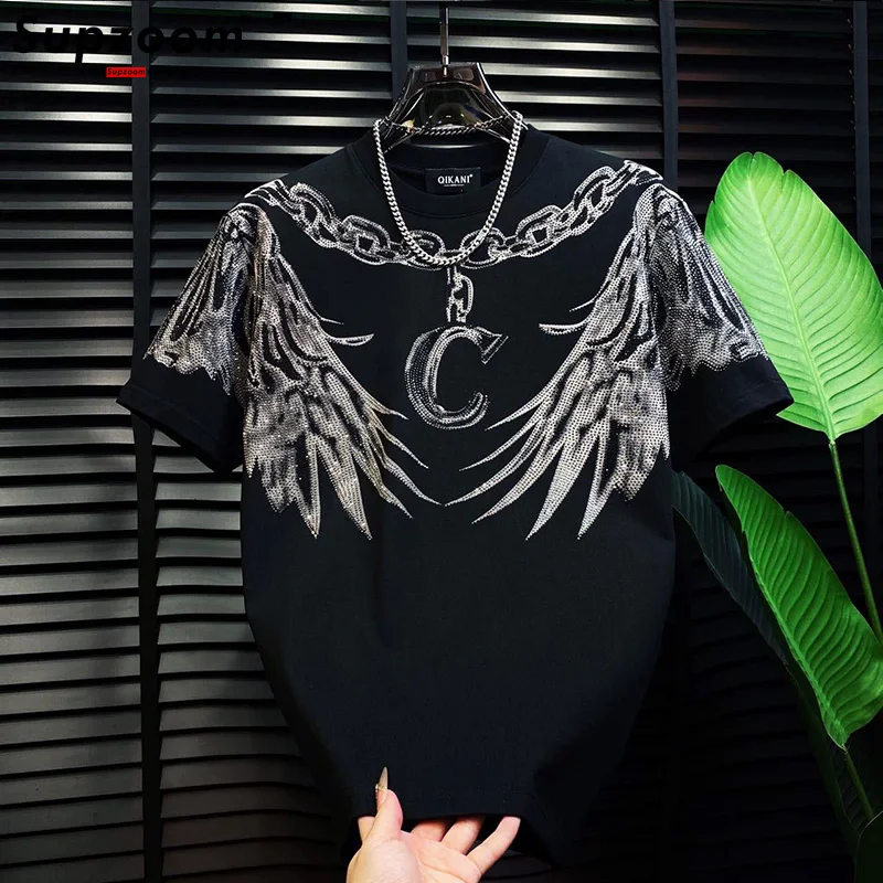 

Мужская повседневная футболка Supzoom: модная летняя модель с круглым вырезом, хлопковая, с принтом «Крылья» и стразами, без рукавов