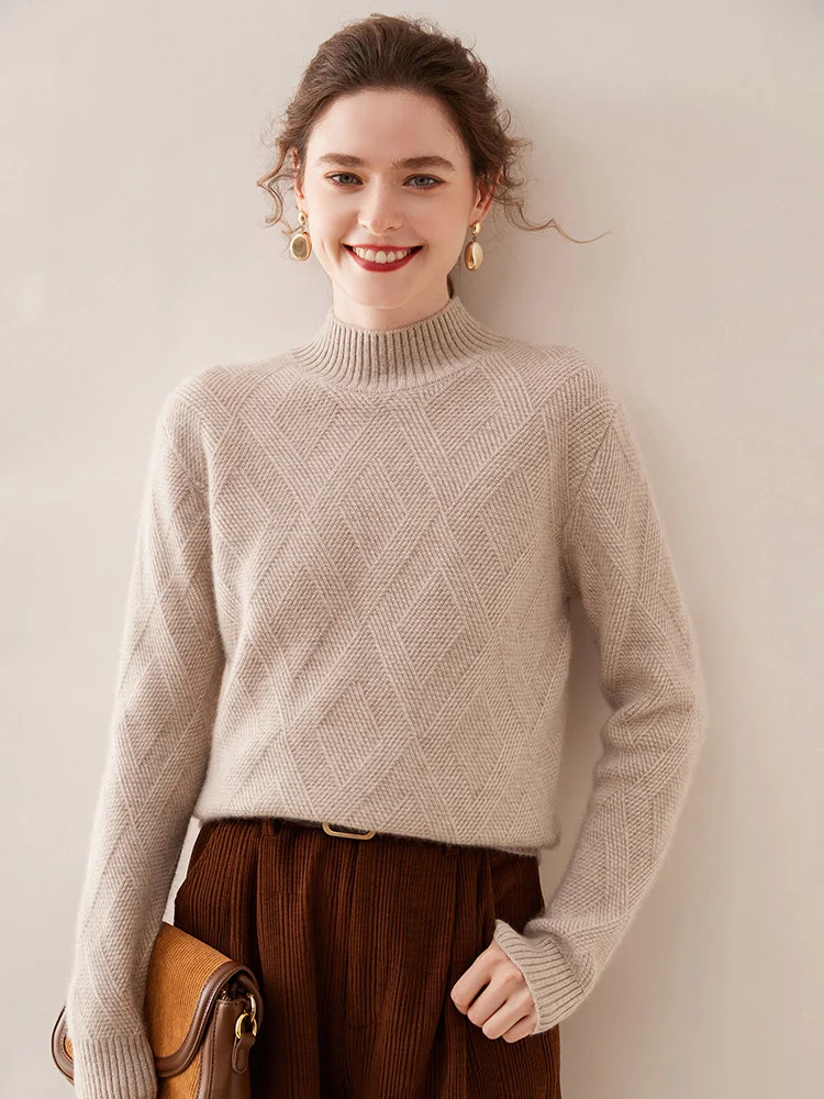 Women Cashmere Sweater Winter Thick Warm Mock Neck Pullover 100% Cashmere Knitwear Twist Argyle Basic Casual Clothing Fashion
