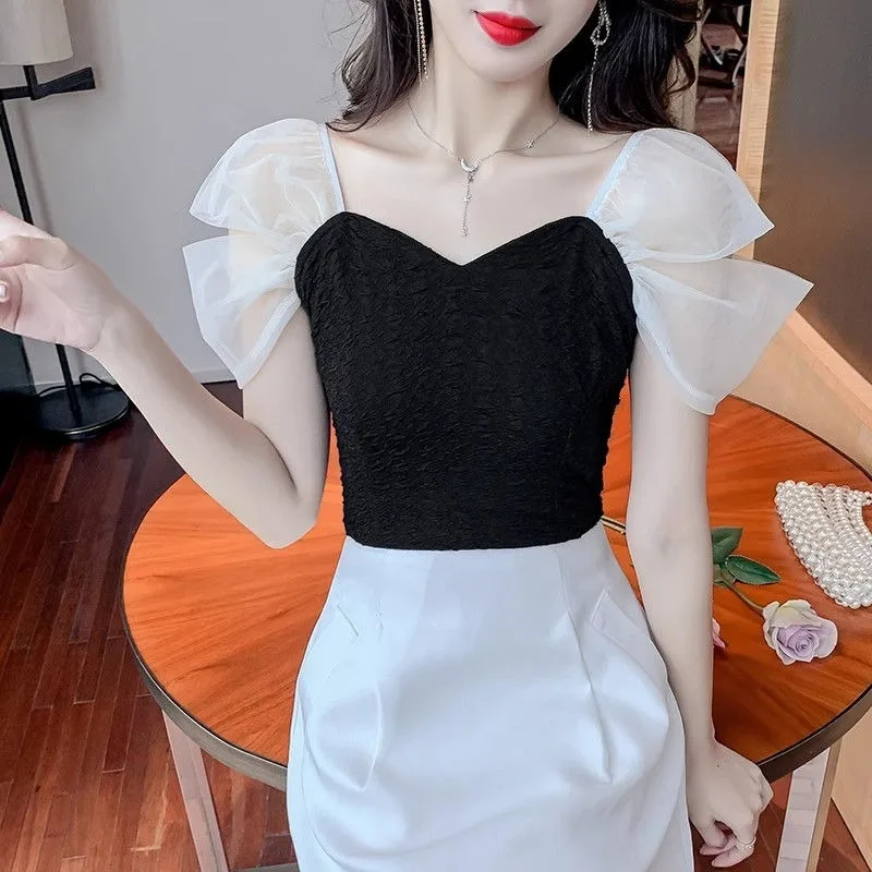 Women Spring Summer Style Knit Blouse Shirt Casual Off Shoulder  Lace Mesh Korean Fashion Style Square Neck Blusas Tops