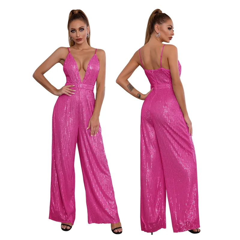 Sexy sequins one piece jumpsuit women spaghetti strap deep v neck club wear jumpsuits