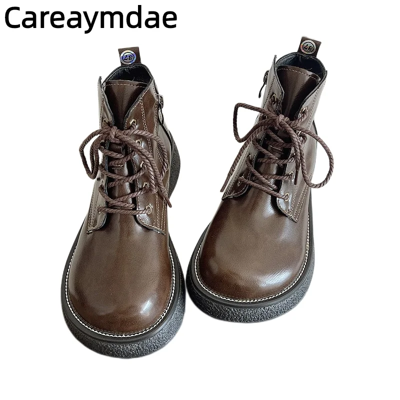 Careaymade-女性用のワイドヘッドブーツ,レトロポート付きの小さな革の靴,女性用の無地の靴