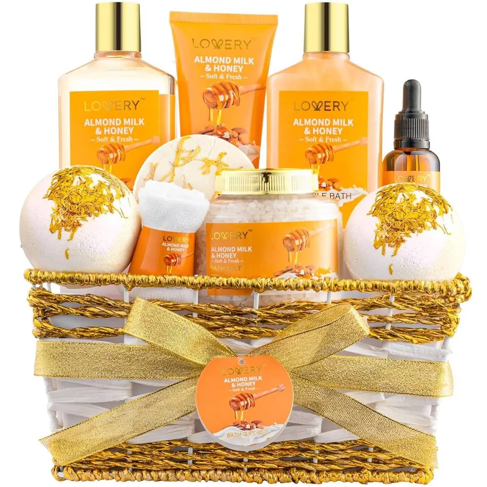 

Gits or Women Git Basket or Women - 10 Pc Almond Milk & ey Beauty & Personal Care Set - Home Bath Pampering Package or Relaxing