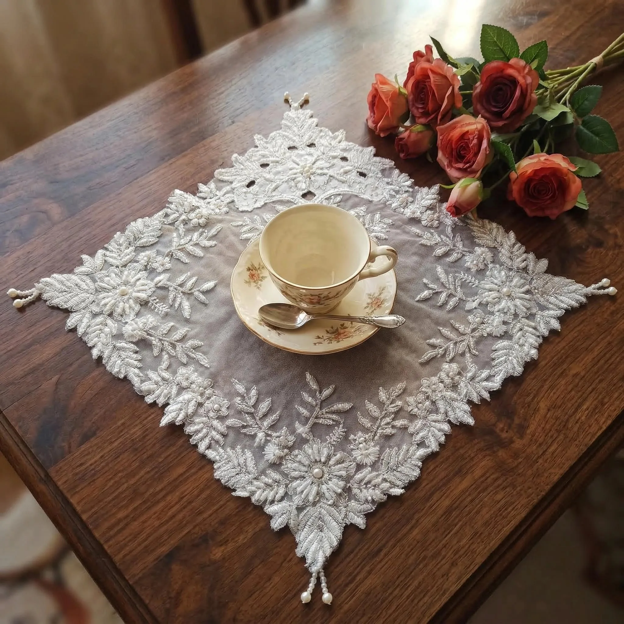 4pcs Placemat Set Luxury White Lace Embroidery Beaded Place Mat Coaster Fruit Plate Cloth Napkins Dessert Cover Boho Decor