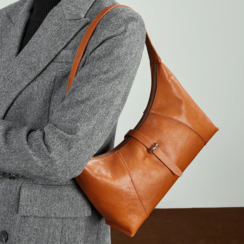 Full Grain Vegetable Tanned Leather Vintage Dumpling Bag Genuine Leather Shoulder Underarm Baguette Hobo Bag for Women