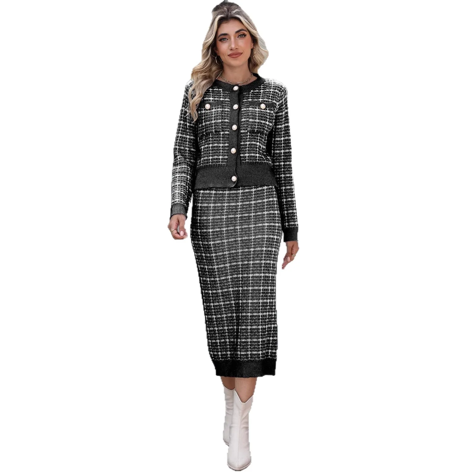 Women's Autumn Winter Checkered Color Block Sweater Skirt Set Street Style Long Sleeve round Neck Short Length Knitted Outfit