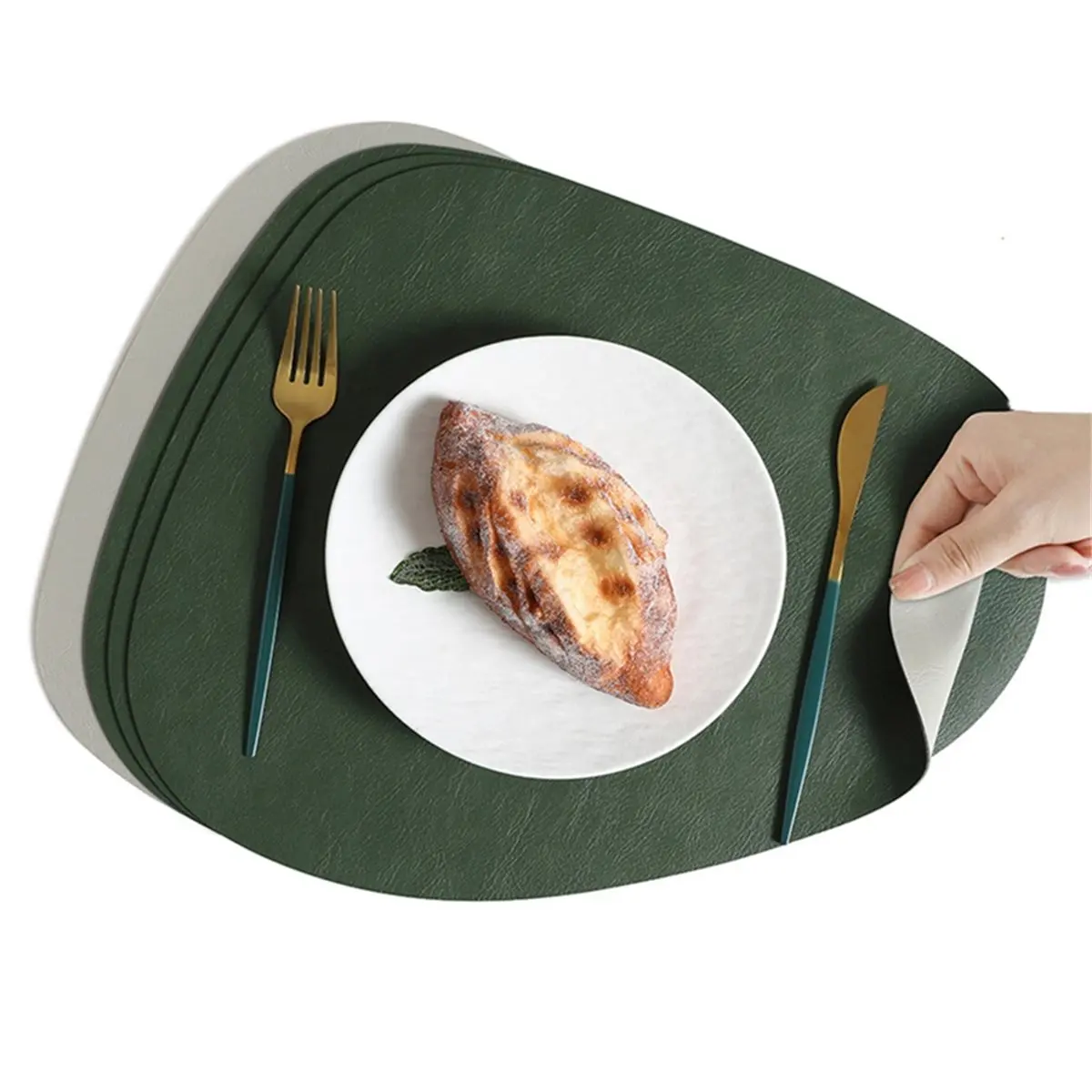 Teardrop PU Placemats Double-Sided Texture, Waterproof Oil-Proof Set 4Pcs for Dining Table, Home Decor Green