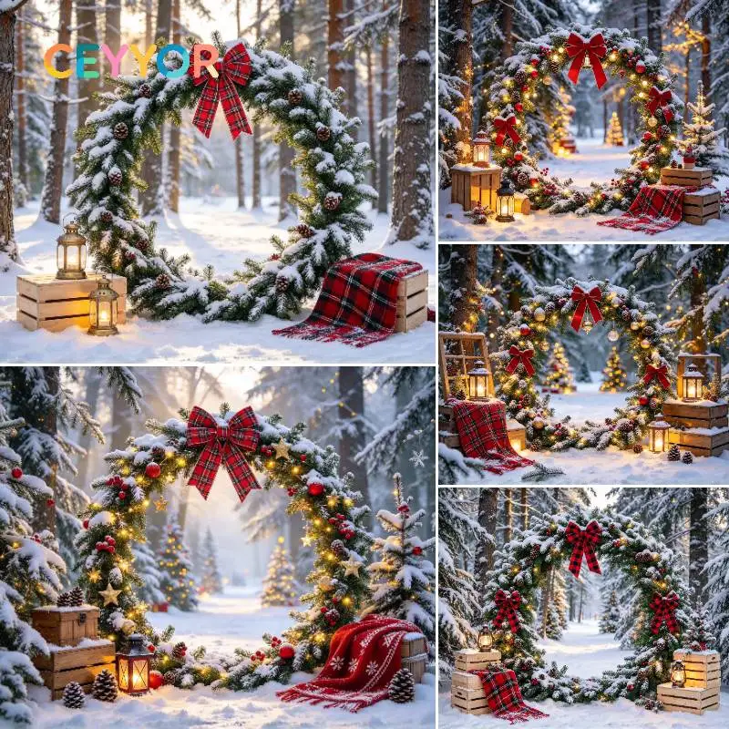 CEYYOR Winter Forest Christmas Candy Cane Backdrop, Christmas House Kids Holiday Photo Booth Background