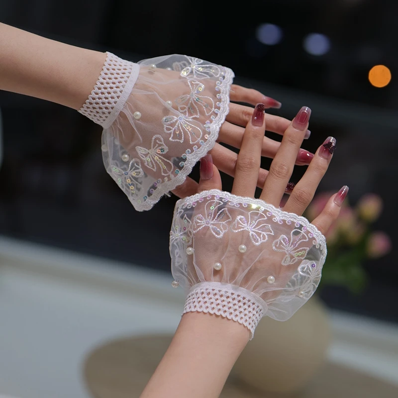 刺繍パールスパンコール取り外し可能なフェイクカフショートシアーメッシュセーター装飾袖ロリータコスプレアクセサリー