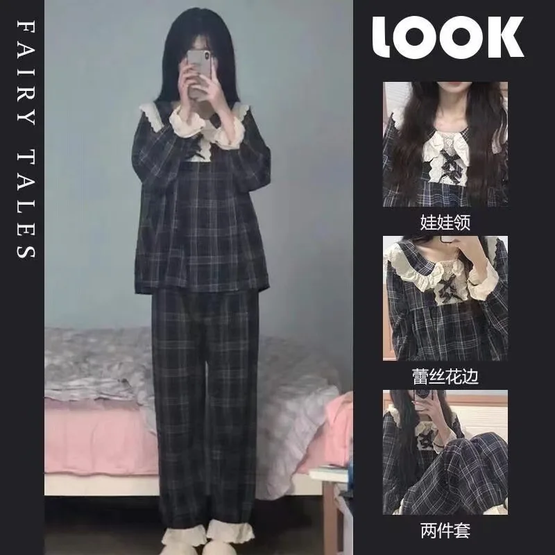 Neue Damen-Pyjamas mit süßer Spitze, Frühling und Herbst, kariertes Langarm-Set für Mädchen, Prinzessinnen-Spitzen-Homewear, geeignet für Studenten, auch für draußen geeignet