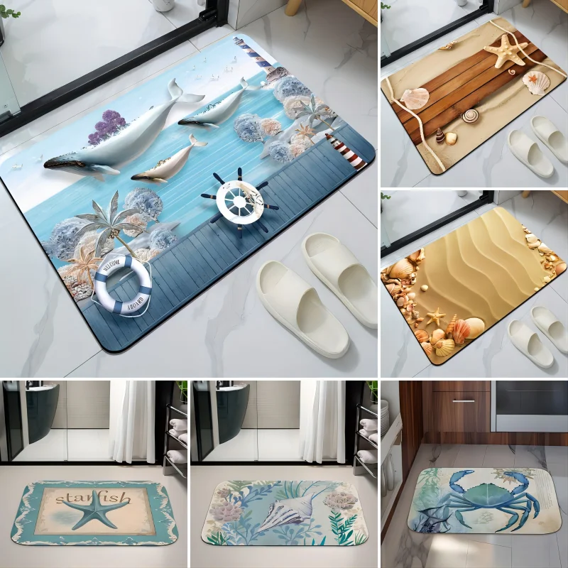 Dolphin Lighthouse Print Bath Mat Diatom Mud Non-slip Bathroom Floor Rug Super Absorbent Entrance Carpet Kitchen Rug Home Decor