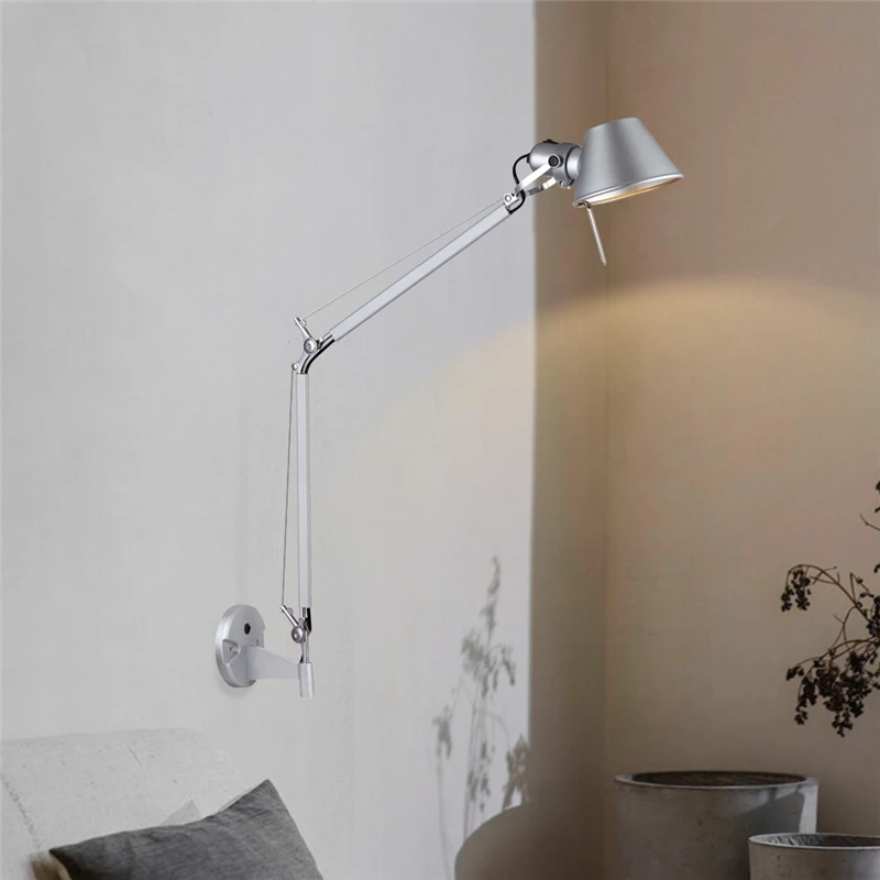 American Retro Industrial Wall Light Black Silver Rotatable Long Arm Wall Lamp with Switch With plug Study Office Living Room