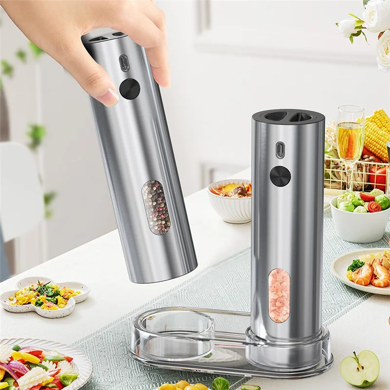 A01V-충전식 베이스가 포함된 전기 소금 및 후추 밀 세트, 스테인레스 스틸, 110Ml 자동 분쇄기