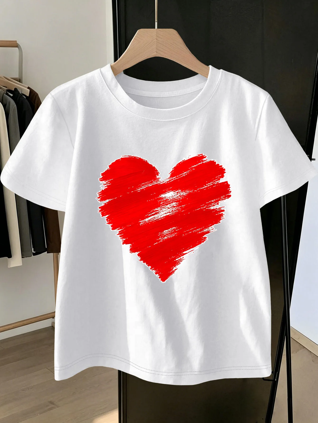 Cute Hand Painted Red Heart Print Graphic Kids Tee Boys Girls Family Matching Cotton Crew Neck Short Sleeve Soft Summer Tee