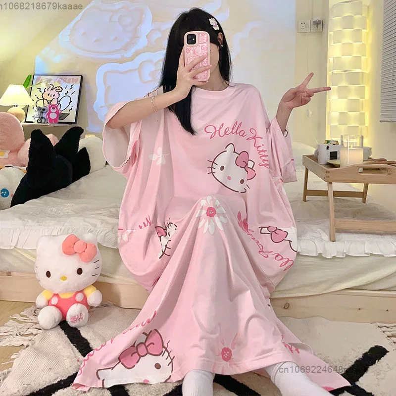 Sanrio Hello Kitty Pink Loose Pajama Dress Women Summer Dresses Cartoon Korean Style Cute Long T-shirts Y2k Female Nightgown