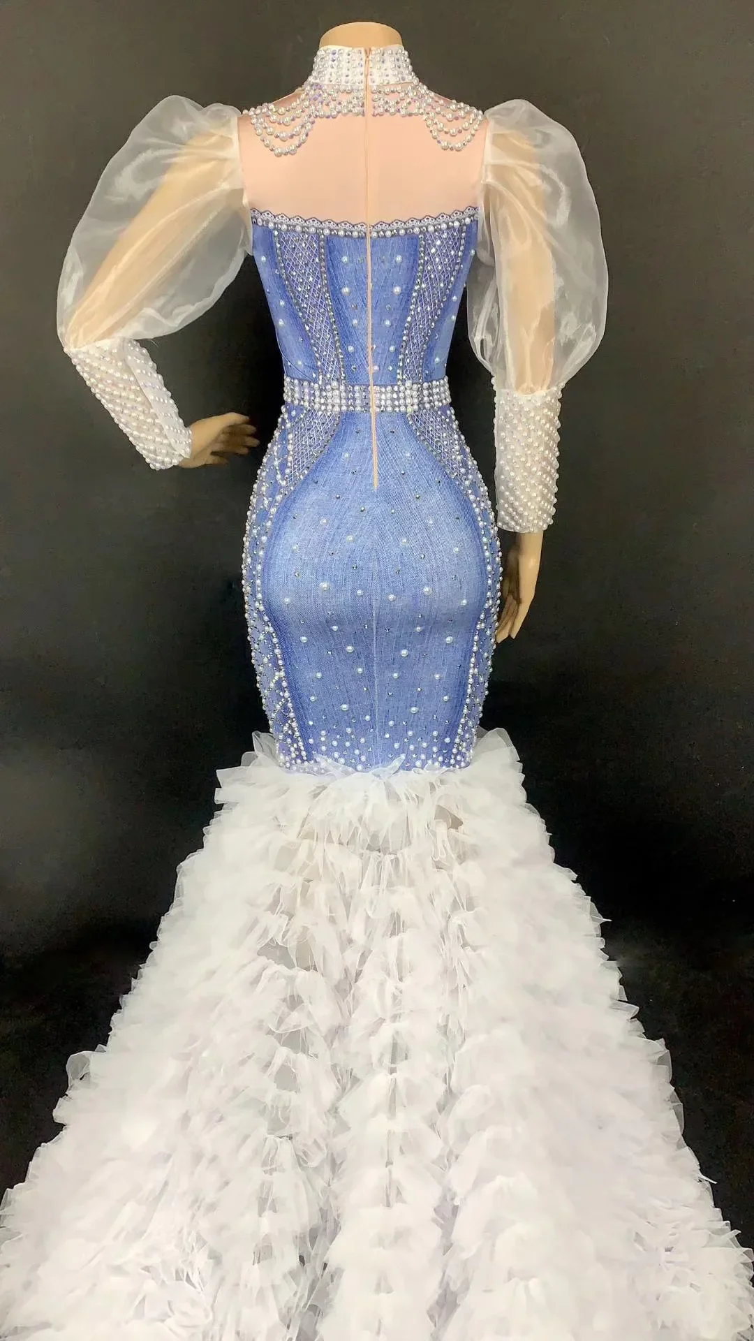 Gauze Puff Sleeves Denim Pearls Sexy Folds Long Trailing Dress For Women Model Cloth Stage Entertainer Evening Wear Drag Queen