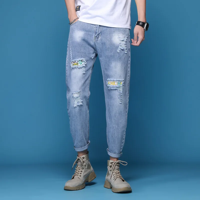 Summer ripped jeans men's fashion street fashion personalized stretch breathable soft comfortable loose all-match denim pants