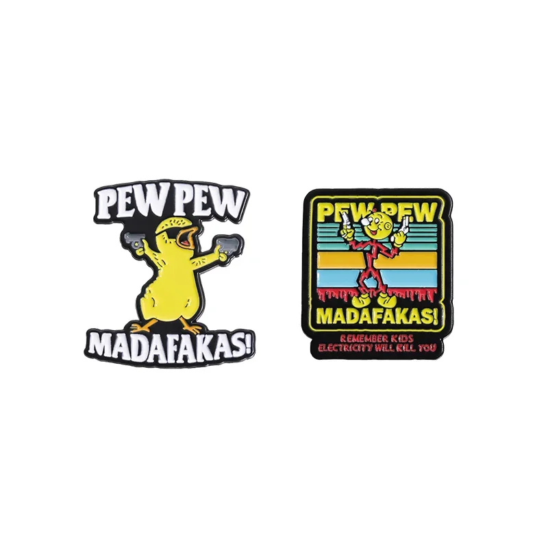 Pew Pew Madafakas Duck With Guns Enamel Pins Custom Cartoon Animal Metal Brooches Lapel Badges Funny Cute Jewelry Pin Wholesale