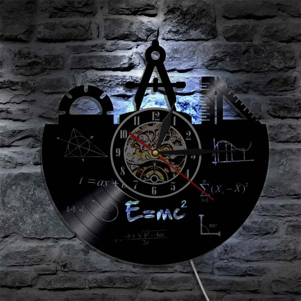 Math Equations Vinyl Record Wall Clock School Compass Ruler Silent Quartz Watch Classroom Study Decor Teacher Student Gift