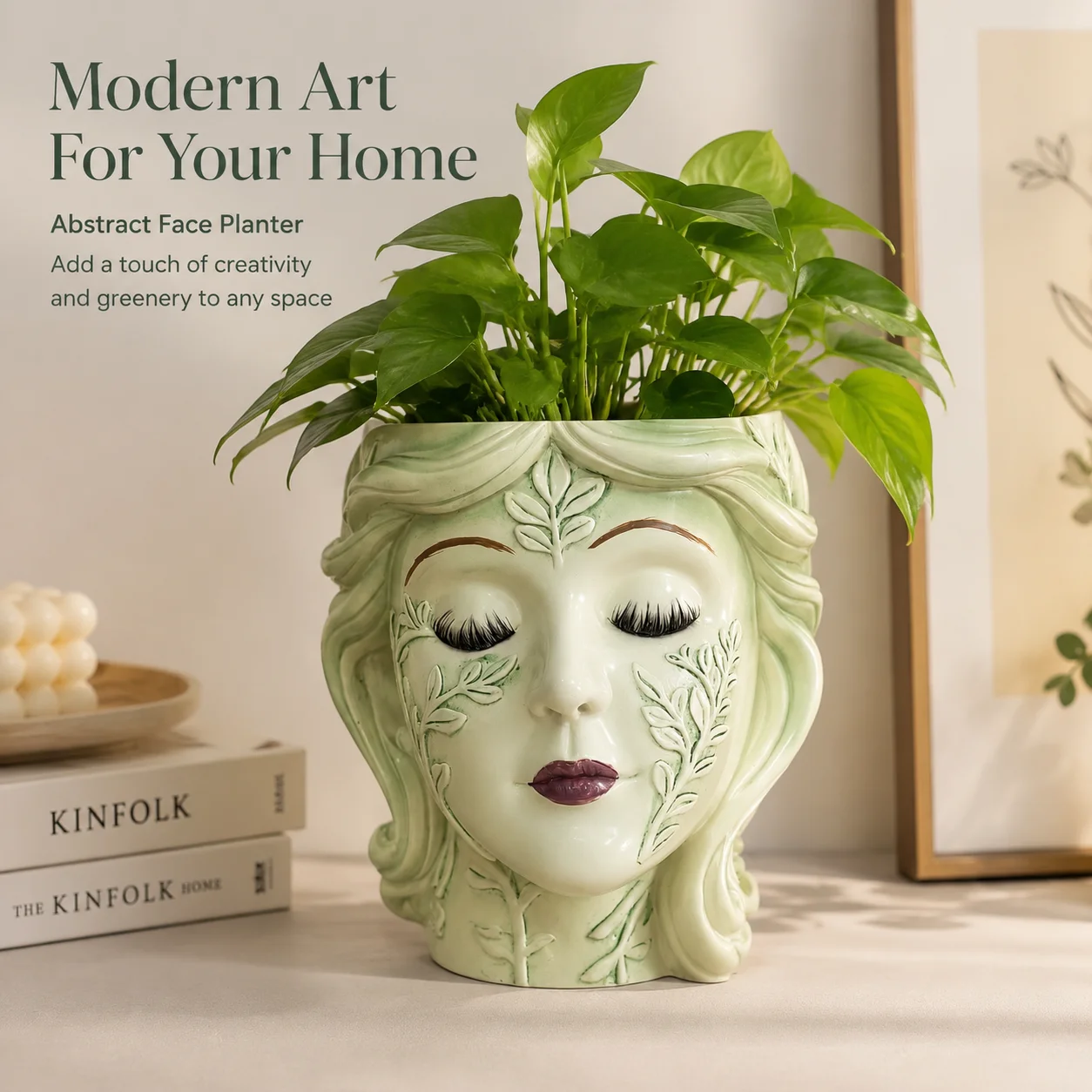 One Vintage Goddess Head Planter, Hand-Painted Resin Face Flower Pot, Indoor Outdoor Garden Decor Home Ornament with Boho Artist