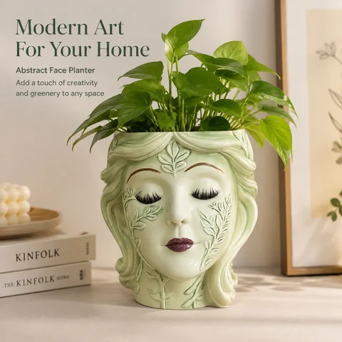 One Vintage Goddess Head Planter, Hand-Painted Resin Face Flower Pot, Indoor Outdoor Garden Decor Home Ornament with Boho Artist
