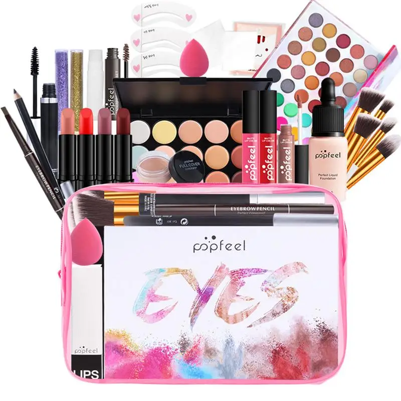 POPFEEL-Kit de maquillage tout-en-un, fard à barrage, gloss, rouge à lèvres, pinceaux, correcteur de sourcils, sac cosmétique de beauté