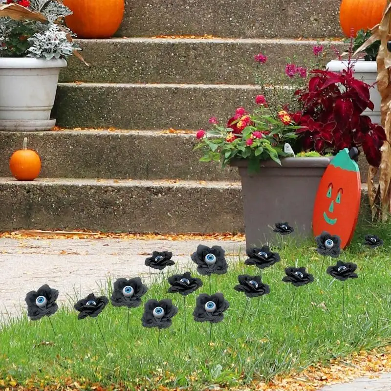 4Pcs Halloween Black Rose Garden Stake PVC Eyeball Flower Ground Decor Spooky Yard Pole Outdoor Party Decoration Ornament