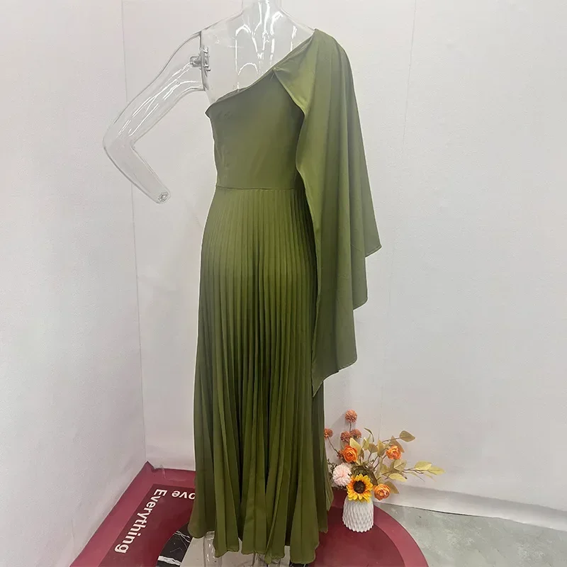 Olive Green Solid Women\'s Dress Elegant High Waist Fashion Pleated Single Shoulder Cape Temperament Female Fresh Party Dresses