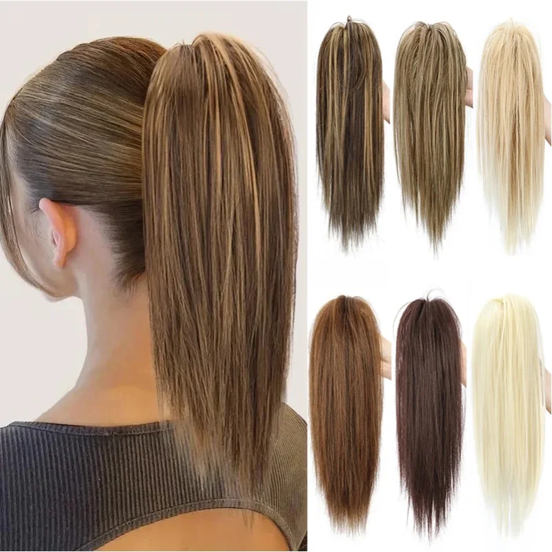 14 Zoll synthetische kurze, gerade Pferdeschwanz-Haarverlängerung, flauschiges, mittellanges, schwarzbraunes Haarteil für Frauen